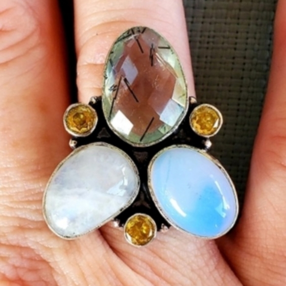 New Rutile Quartz, Opalite, Citrine & Rainbow Moonstone 925 Silver Ring. - Picture 14 of 14